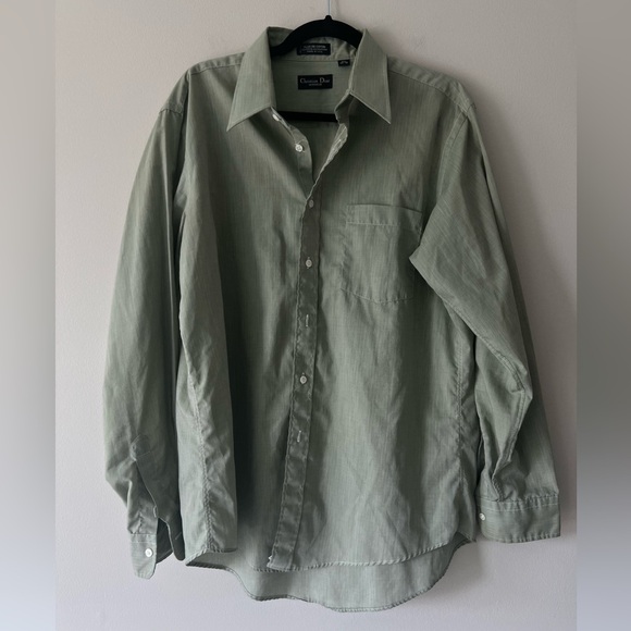 Vintage Christian Dior Monsieur Green Button-Up Shirt Men’s 16 34/35 Light Sage - Picture 1 of 4